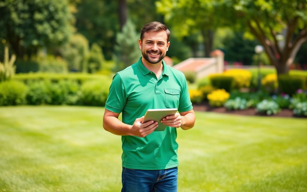 Landscaping supervisor logging employee hours on a tablet