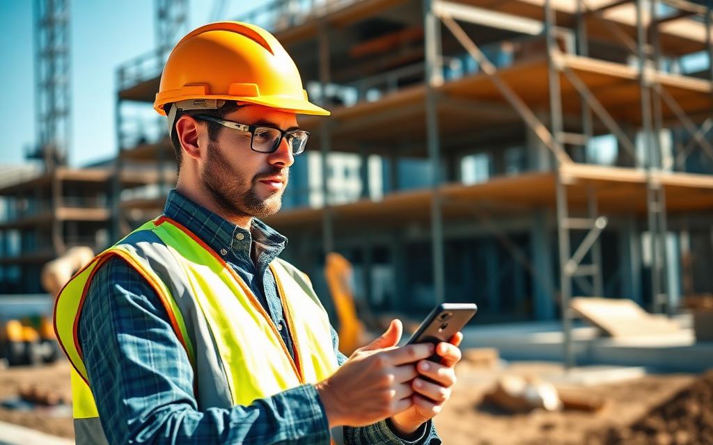 Construction worker tracking time on a smartphone at a building site