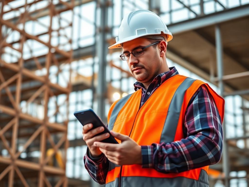 Construction worker tracking time on a smartphone at a building site