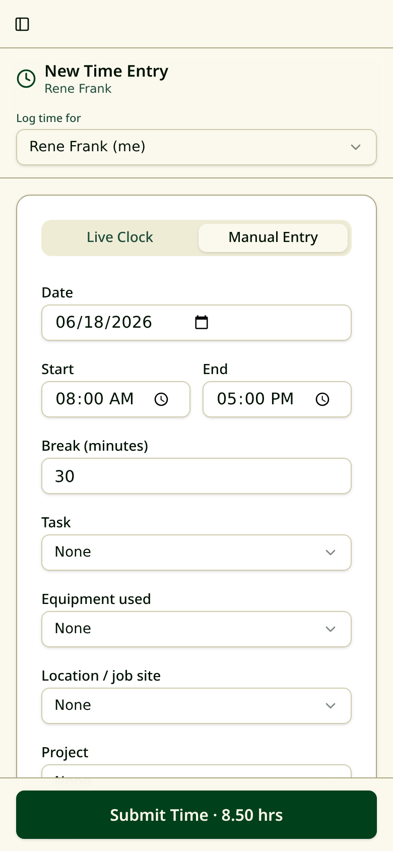 Mobile time entry